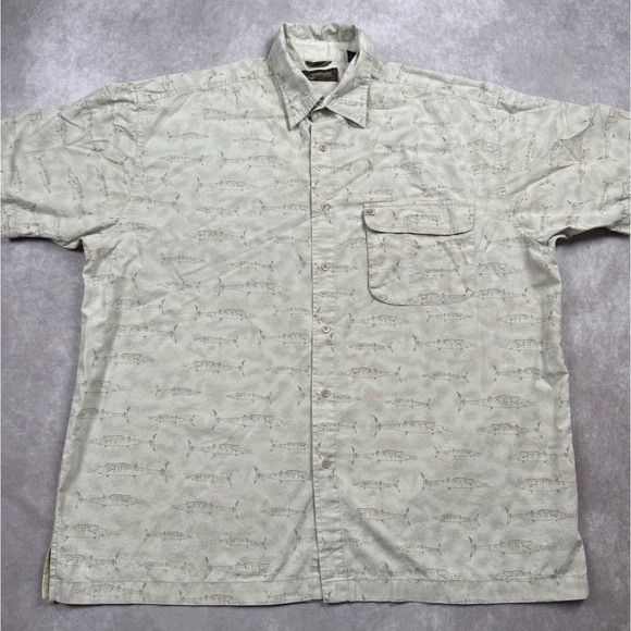 Wrangler Outdoors Men's Sz XL Short Sleeve Shirt Beige Khaki AOP Fishing Casual - Picture 1 of 16